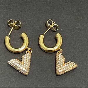 Gold LV Earrings w/Bling V Drop Earrings